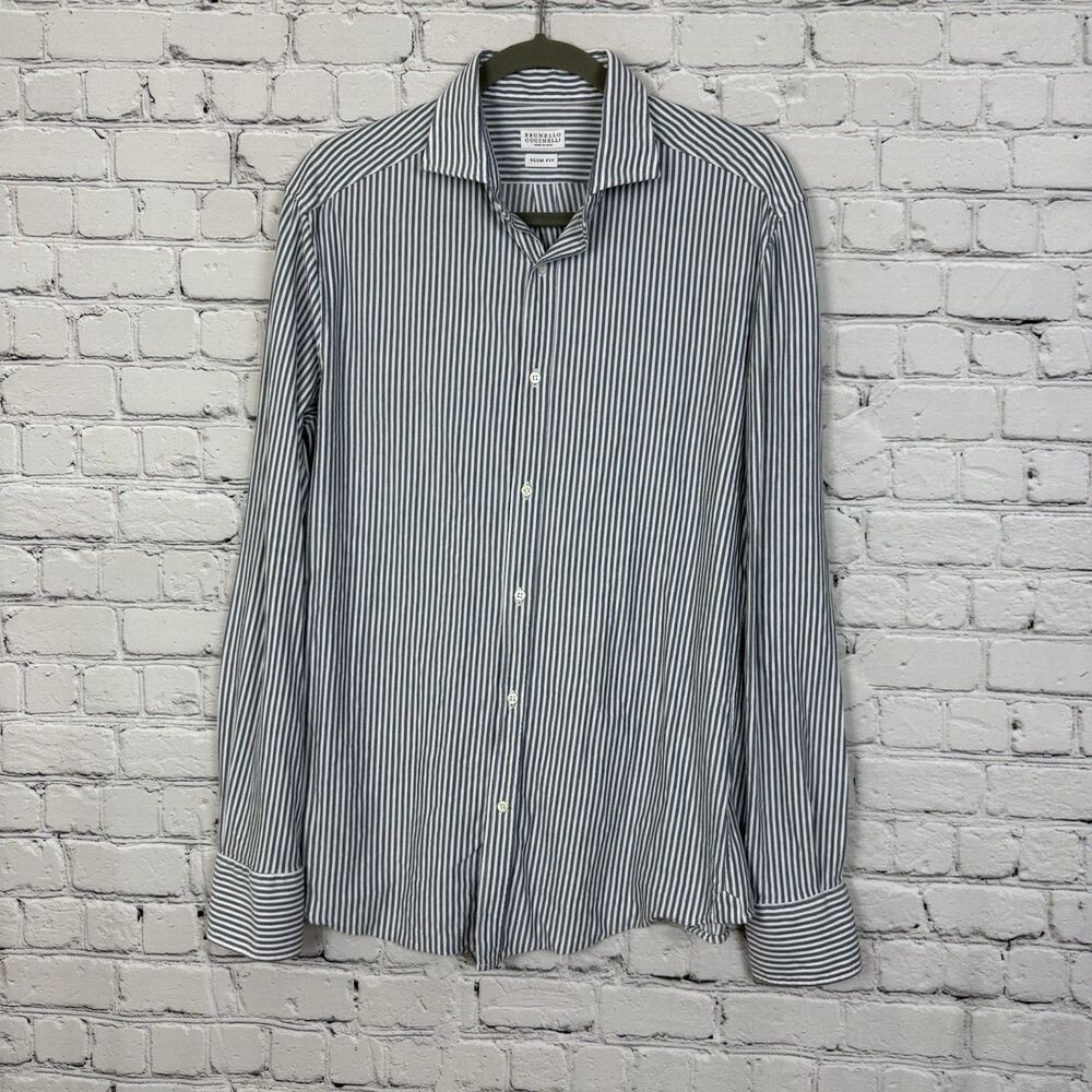 Brunello Cucinelli Mens L Slim Fit Button Down Shirt Blue White Stripe L/Sleeve